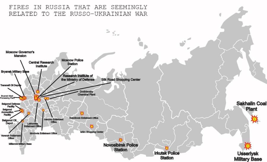 FIRES IN RUSSIA THAT ARE SEEMINGLY RELATED TO THE RUSSO-UKRAINIAN WAR Moscow Governor's Mansion Bryansk Military B 380 Central Research Institute Moscow Police Station Research Institute of the Ministry of Defense Silk Road Shopping Center Transneft Oll Depo Dmitrievsky Chemical Plant Bryansk Meat Belgorod Defense Facility Belgorod Ammunition Facility Belgorod Oll Depot Sakhalin Coal Plant Sverdlovsk Enlistment Office Ivanovo Enlistment Oftice Lukhovitsy Enlistment Office Mordovia Enlistment Office Ishim Shopping Center Vorench Enlistment Office Millerovo Military Base Novosibirsk Police Station Irkutsk Police Station Usserlysk Military Base