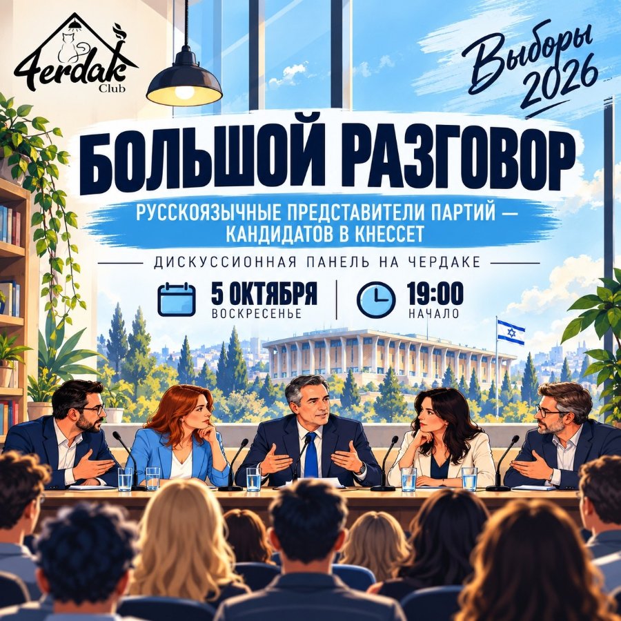 Gendak Club Выборы 2026 БОЛЬШОЙ РАЗГОВОР РУССКОЯЗЫЧНЫЕ ПРЕДСТАВИТЕЛИ ПАРТИЙ — КАНДИДАТОВ В КНЕССЕТ ДИСКУССИОННАЯ ПАНЕЛЬ НА ЧЕРДАКЕ 5 ОКТЯБРЯ 19:00 ВОСКРЕСЕНЬЕ НАЧАЛО