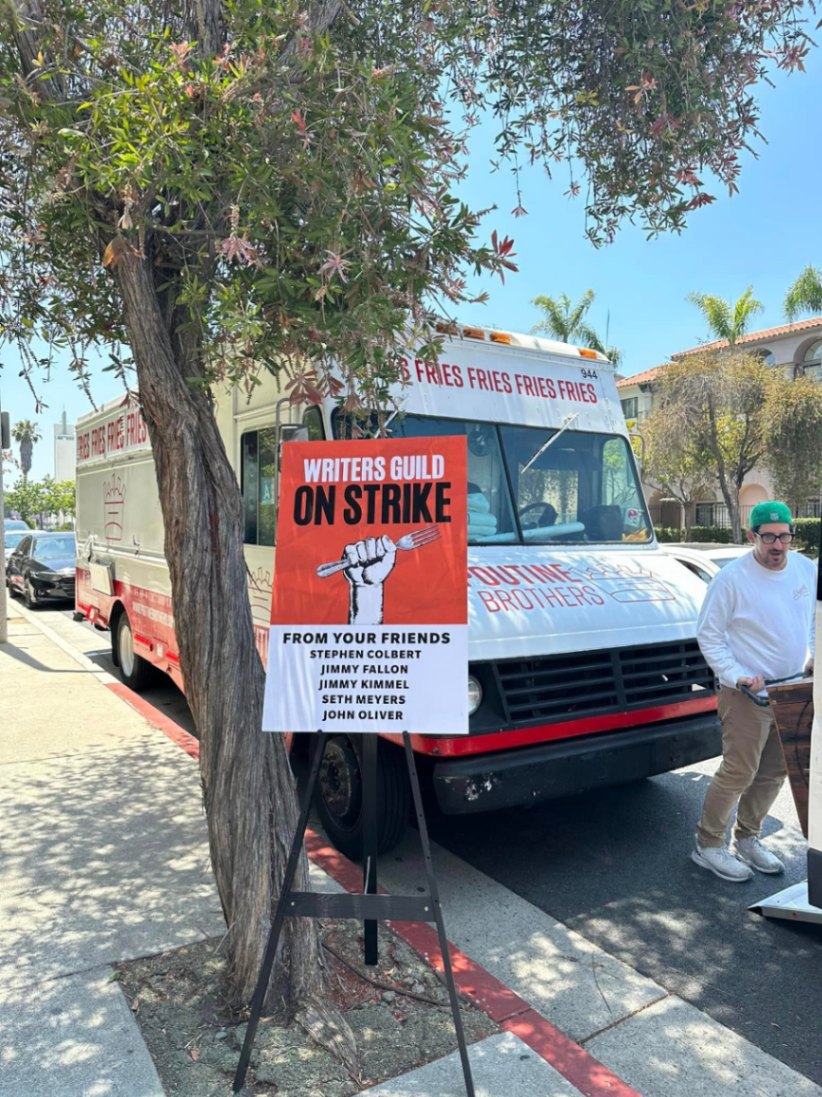 944 3 FRIES FRIES FRIES FRIES WRITERS GUILD ON STRIKE OUTINE BROTHERS FROM YOUR FRIENDS STEPHEN COLBERT JIMMY FALLON JIMMY KIMMEL SETH MEYERS JOHN OLIVER