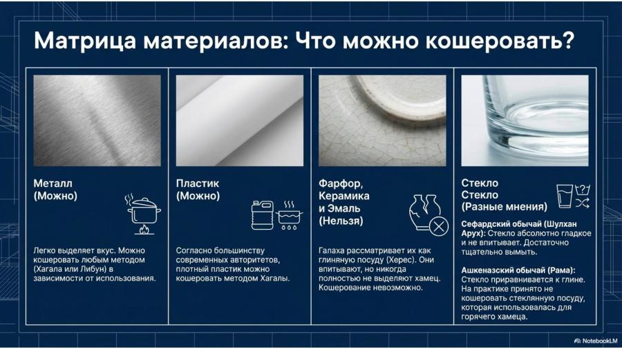 Матрица материалов: Что можно кошеровать? Металл (Можно) Пластик (Можно) SSS Фарфор, Керамика и Эмаль (Нельзя) Легко выделяет вкус. Можно кошеровать любым методом (Хагала или Либун) в зависимости от использования. Согласно большинству современных авторитетов, плотный пластик можно кошеровать методом Хагалы. Галаха рассматривает их как глиняную посуду (Херес). Они впитывают, но никогда полностью не выделют хамец. Кошерование невозможно. Стекло Стекло (Разные мнения) 121 X Сефардский обычай (Шулхан Арух): Стекло абсолютно гладкое и не впитывает. Достаточно тщательно вымыть. Ашкеназский обычай (Рама): Стекло приравнивается к глине. На практике принято не кошеровать стеклянную посуду, котор использовалась для горячего хамеца. A NotebookLM