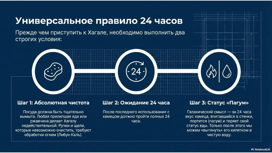 Универсальное правило 24 часов Прежде чем приступить к Хагале, необходимо выполнить два строгих условия: - - 24 - Шаг 1: Абсолютная чистота Посуда должна быть тщательно вымыта. Любая прилипшая еда или ржавчина делает Хагалу недействительной. Ручки и щели, которые невозможно очистить, требуют обработки огнем (Либун Каль). Шаг 2: Ожидание 24 часа После последнего использования с хамецом должно пройти полных 24 часа. Шаг 3: Статус «Пагум» Галахический смысл — за 24 часа вкус хамеца, впитавшийся в стенки, портится (пагум) и теряет свой статус еды. Только после этого мы можем «вытянуть» его кипятком в чистую воду. A NotebookLM