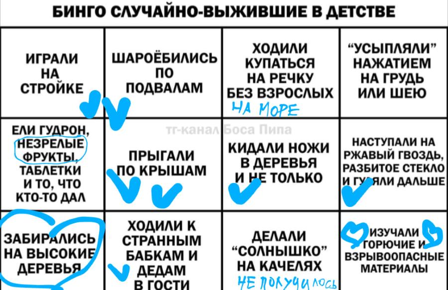 БИНГО СЛУЧАЙНО-ВЫЖИВШИЕ В ДЕТСТВЕ ИГРАЛИ HA СТРОЙКЕ ШАРОЁБИЛИСЬ ПО ПОДВАЛАМ ХодиЛИ КУПАТЬСЯ НА РЕЧКУ БЕЗ ВЗРОСЛЫХ НА МОРЕ "УСЫПЛЯЛИ" НАЖАТИЕМ НА ГРУДЬ ИЛИ ШЕЮ ЕЛИ ГУДРОН, НЕЗРЕЛЫЕ) ФРУКТЫ, ТАБЛЕТКИ и то, что КТО-ТО ДАЛ тг-канал ПРЫГАЛИ ПО КРЫШАМ V Боса Пипа КИДАЛИ НОЖИ В ДЕРЕВЬЯ И НЕ ТОЛЬКО НАСТУПАЛИ НА РЖАВЫЙ ГВОЗДЬ, РАЗБИТОЕ СТЕКЛО И ГУ ЯЛИ ДАЛЬШЕ ЗАБИРАЛИСЬ НА ВЫСОКИЕ ДЕРЕВЬЯ ходиЛи К СТРАННЫМ БАБКАМ И У ДЕДАМ В ГОСтИ ДЕЛАЛИ "СОЛНЫШКО" НА КАЧЕЛЯХ НЕ полуЧилосЬ ИЗУЧАЛИ ГОРЮЧИЕ И ВЗРЫВООПАСНЫЕ МАТЕРИАЛЫ