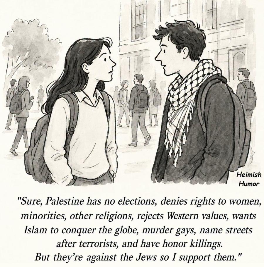 Am Heimish Humor "Sure, Palestine has no elections, denies rights to women, minorities, other religions, rejects Western values, wants Islam to conquer the globe, murder gays, name streets after terrorists, and have honor killings. But they're against the Jews so I support them."