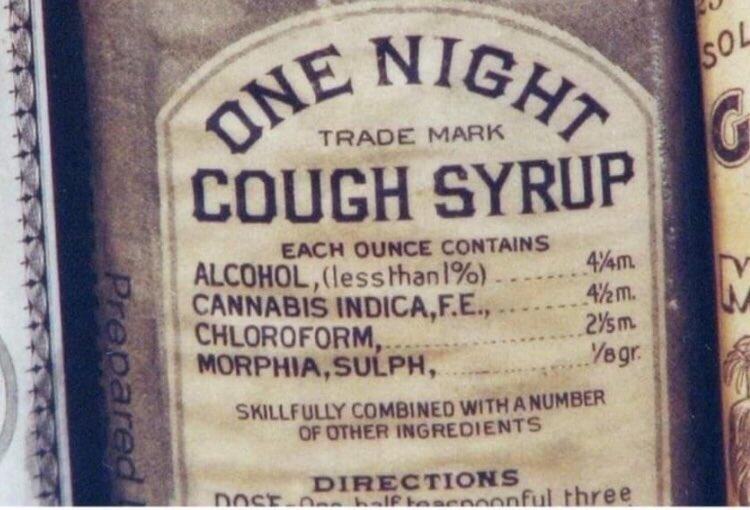 Prepared ONENIGHT TRADE MARK COUGH SYRUP EACH OUNCE CONTAINS ALCOHOL, (less than 1%) 4¼m. CANNABIS INDICA, F.E., 4½m. 2/m. CHLOROFORM, Yagr. MORPHIA, SULPH, SKILLFULLY COMBINED WITH A NUMBER OF OTHER INGREDIENTS ПАСТ DIRECTIONS nful three