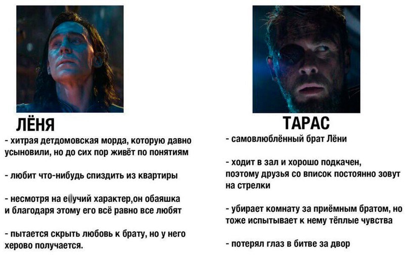 ЛЁНЯ - хитрая детдомовская морда, которую давно усыновили, но до сих пор живёт по понятиям - любит что-нибудь спиздить из квартиры - несмотря на ебучий характер,он обаяшка и благодаря этому его всё равно все любят - пытается скрыть любовь к брату, но у него херово получается. ТАРАС - самовлюблённый брат Лёни - ходит в зал и хорошо подкачен, поэтому друзья со вписок постоянно зовут на стрелки - убирает комнату за приёмным братом, но тоже испытывает к нему тёплые чувства - потерял глаз в битве за двор