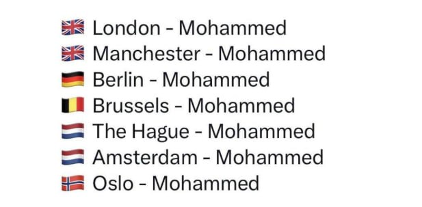 London - Mohammed Manchester - Mohammed Berlin - Mohammed • Brussels - Mohammed - The Hague - Mohammed - Amsterdam - Mohammed - Oslo- Mohammed