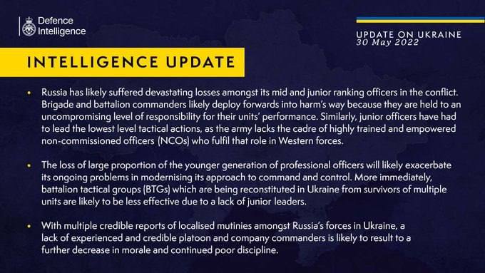 Defence Intelligence UPDATE ON UKRAINE 30 May 2022 INTELLIGENCE UPDATE • Russia has likely suffered devastating losses amongst its mid and junior ranking officers in the conflict. Brigade and battalion commanders likely deploy forwards into harm's way because they are held to an uncompromising level of responsibility for their units performance. Similarly, junior officers have had to lead the lowest level tactical actions, as the army lacks the cadre of highly trained and empowered non-commissioned officers (NCOs) who fulfil that role in Western forces. • The loss of large proportion of the younger generation of professional officers will likely exacerbate its ongoing problems in modernising its approach to command and control. More immediately, battalion tactical groups (BTGs which are being reconstituted in Ukraine trom survivors of multiple units are likely to be less effective due to a lack of junior leaders. • With multiple credible reports of localised mutinies amongst Russia's forces in Ukraine, a lack of experienced and credible platoon and company commanders is likely to result to a further decrease in morale and continued poor discipline.