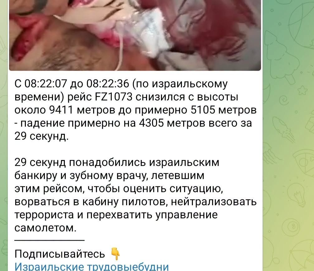 С 08:22:07 до 08:22:36 (по израильскому времени) рейс FZ1073 снизился с высоты около 9411 метров до примерно 5105 метров - падение примерно на 4305 метров всего за 29 секунд. 29 секунд понадобились израильским банкиру и зубному врачу, летевшим этим рейсом, чтобы оценить ситуацию, ворваться в кабину пилотов, нейтрализовать террориста и перехватить управление самолетом. Подписывайтесь Израильские труловыебулни