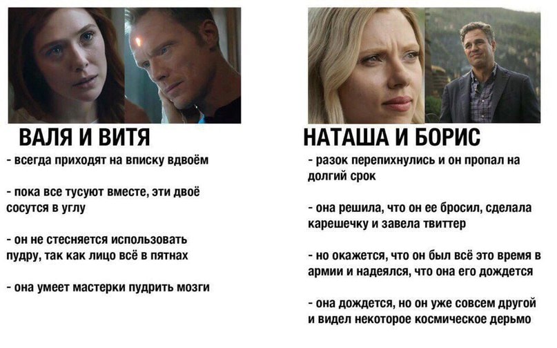 ВАЛЯ И ВИТЯ - всегда приходят на вписку вдвоём - пока все тусуют вместе, эти двоё сосутся в углу - он не стесняется использовать пудру, так как лицо всё в пятнах - она умеет мастерки пудрить мозги НАТАША И БОРИС - разок перепихнулись и он пропал на долгий срок - она решила, что он ее бросил, сделала карешечку и завела твиттер - но окажется, что он был всё это время в армии и надеялся, что она его дождется - она дождется, но он уже совсем другой и видел некоторое космическое дерьмо
