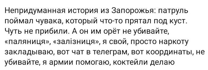 Непридуманная история из Запорожья: патруль поймал чувака, который что-то прятал под куст. Чуть не прибили. А он им орёт не убивайте, «паляниця», «залізниця», я свой, просто наркоту закладываю, вот чат в телеграм, вот координаты, не убивайте, я армии помогаю, коктейли делаю