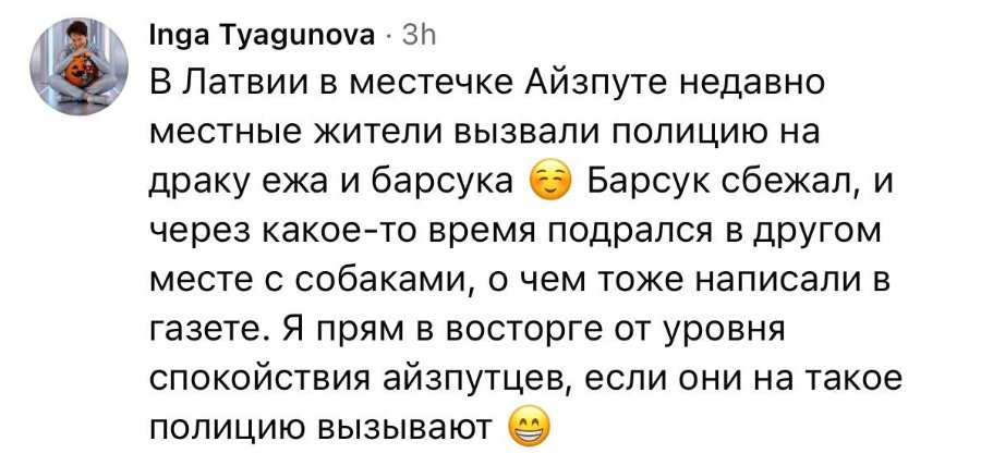 Inga Tyagunova • 3h В Латвии в местечке Айзпуте недавно местные жители вызвали полицию на драку ежа и барсука Барсук сбежал, и через какое-то время подрался в другом месте с собаками, о чем тоже написали в газете. Я прям в восторге от уровня спокойствия айзпутцев, если они на такое полицию вызывают