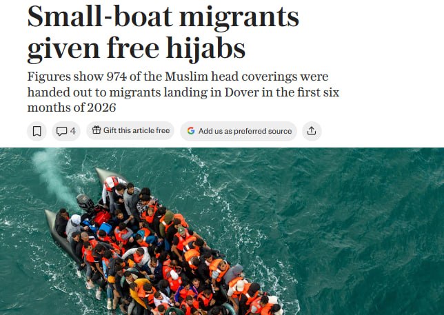 Small-boat migrants given free hijabs Figures show 974 of the Muslim head coverings were handed out to migrants landing in Dover in the first six months of 2026 • 4 & Gift this article free G Add us as preferred source