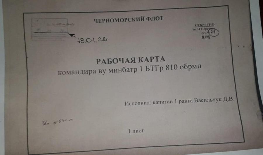 ЧЕРНОМОРСКИЙ ФЛОТ СЕКРЕТНО 4n.34 Перс 18.01.22г РАБОЧАЯ КАРТА командира ву минбатр 1 БТГр 810 обрмп Исполнил: капитан 1 ранга Васильчук Д.В. гра 1541 1 1 лист