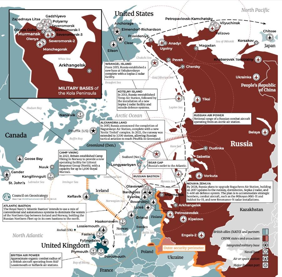 North Pacific Zapadnaya Litsa Olenya Guba Murmansk Olenya Gadzhiyevo Polyarny Severomorsk Severomorsk-1 Severomorsk-3 Severomorsk-2 Monchegorsk White Sea Arkhangelsk United States Anchorage Elmendorf-Richardson Provideniya Clear Petropavlovsk-Kamchatsky - - Vilyuchinsk Yelizovo Sea of Okhotsk Korsakov Chitose Eilson Anadyr Ugolny Magadan Japan MILITARY BASES of the Kola Peninsula Hudson Bay Nanisivik Canada Pituffik (US) Baffin Bay Chukchi Sea WRANGEL ISLAND From 2015, Russia established a new base at Ushakovskoye complete with a Sopka-2 radar facility. - East Siberian Sea Beaufort Sea KOTELNY ISLAND In 2013, Russia reestablished Temp Air Station, followed by the installation of a new Sopka-2 radar facility and missile defence systems. Arctic Ocean ALEXANDRA LAND In 2017, Russia announced the completion of Nagurskoye Air Station, complete with a new 'Arctic Trefoil complex. In 2021, the runway was extended to 3,500 metres, allowing Russian tactical aviation to reach Pituffik in Greenland. Greenland (Den.) Pevek Khabarovsk Tsentrainy Chersky Ukrainka People's Republic of China Tiksi Laptev Sea RUSSIAN AIR POWER Notional range of a Russian combat aircraft operating from an Arctic air station. Belaya Kara Sea Russia Dudinka Goose Bay Nuuk Gander Kangilinnguit St. John's Labrador Sea CAMP VIKING In 2023, Britain established Camp Viking in Norway to provide a new operating facility for Littoral Response Group (North), with a capacity for up to 1,000 Royal Marines. Irminger Sea Iceland Council on Geostrategy Keflavík Base map: WorldMapGenerator (CC BY-NG-SA 4.0) ATLANTIC BASTION The Royal Navy's Atlantic Bastion' intends to use a mix of conventional and autonomous systems to dominate the waters of the Northern Gap between Iceland and Norway, bottling the Russian Northern Fleet up in its own bastions to the north. Haakonsvern Lossiemouth Rockall (UK) • North Atlantic Faslane Fylingdales United Kingdom Plymouth Svalbard (Nor.) Longyearbyen Greentand Sea RUSSIAN BASTION Olavsvern Bardufoss Eyenes Norwegian Sec Rovanier Lulea Ørland Finland Sweden Norway North Sea Baltic Sea Sabetta BEAR GAP Russia's outlet to the Atlantic. Barents Sea Murma Vorkuta NOVAYA ZEMLYA By 2028, Russia plans to upgrade Rogachevo Air Station, building on 2017 updates to the runway, dormitories, Sopka-2 radar, and S-400 air defence system. The plan is to accommodate strategic bombers, combat aircraft, such as the Mikoyan MiG-31 and Sukhoi Su-33, and new Resonance-N radar installations. Arkhangelsk Kazakhstan Petrozavodsk. ) Kipelovo Engels-2 ( Poland BRITISH AIR POWER Approximate organic combat radius of a British aircraft operating from RAF Lossiemouth or Keflavik air stations. Portsmouth Outer security perimeter Ukraine Bay of Biscay. British allies (NATO) and partners CRINK states and associates Integrated military base Naval base Air or space station Major Russian port France