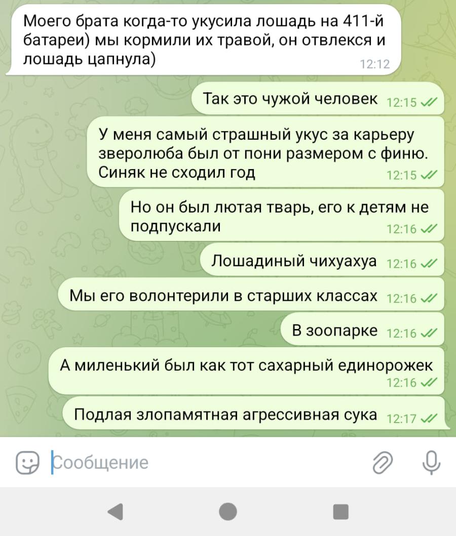 Моего брата когда-то укусила лошадь на 411-й батареи) мы кормили их травой, он отвлекся и лошадь цапнула) 12:12 Так это чужой человек 12:15 м/ У меня самый страшный укус за карьеру зверолюба был от пони размером с финю. Синяк не сходил год 12:15 J Но он был лютая тварь, его к детям не подпускали 12:16 Лошадиный чихуахуа 12:16 / Мы его волонтерили в старших классах 12:16 // В зоопарке 12:16 // А миленький был как тот сахарный единорожек 12:16 V/ Подлая злопамятная агрессивная сука • 12:17 Сообщение