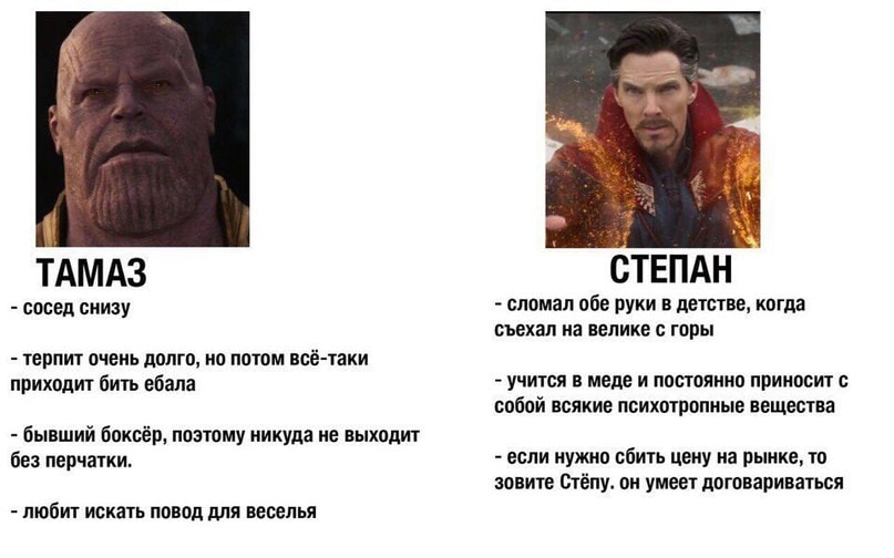 ТАМА3 - сосед снизу - терпит очень долго, но потом всё-таки приходит бить ебала - бывший боксёр, поэтому никуда не выходит без перчатки. - любит искать повод для веселья СТЕПАН - сломал обе руки в детстве, когда съехал на велике с горы - учится в меде и постоянно приносит с собой всякие психотропные вещества - если нужно сбить цену на рынке, то зовите Стёпу. он умеет договариваться