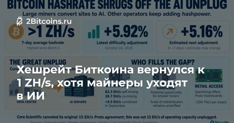 BITCOIN HASHRATE SHRUGS OFF THE AI UNPLUG Large miners convert sites to Al. Other operators keep adding hashpower. 2 2Bitcoins.ru >1 ZH/s 7-day average hashrate Highest since March 3 .Il +5.92% Latest difficulty adjustment October 16, 2026 +5.16% Estimated next adjustment In ~7 days • estimate may change THE GREAT UNPLUG WHO FILLS THE GAP? 1 ZH/s, хотя майнеры уходят в ИИ 82.3 EH/s self-mining Potential opportunity 28.7 EH/s co-mining for smaller miners DATA CENTER AI SERVERS +9.5 EH/s combined Scale of redistribution in September remains unverified RETAIL ACCESS Sazmining offers Proto hashboards ~204TH/s per board Core Scientific canceled its original 15 EH/s Proto agreement; this was not 15 EH/s of operating capacity unplugged.