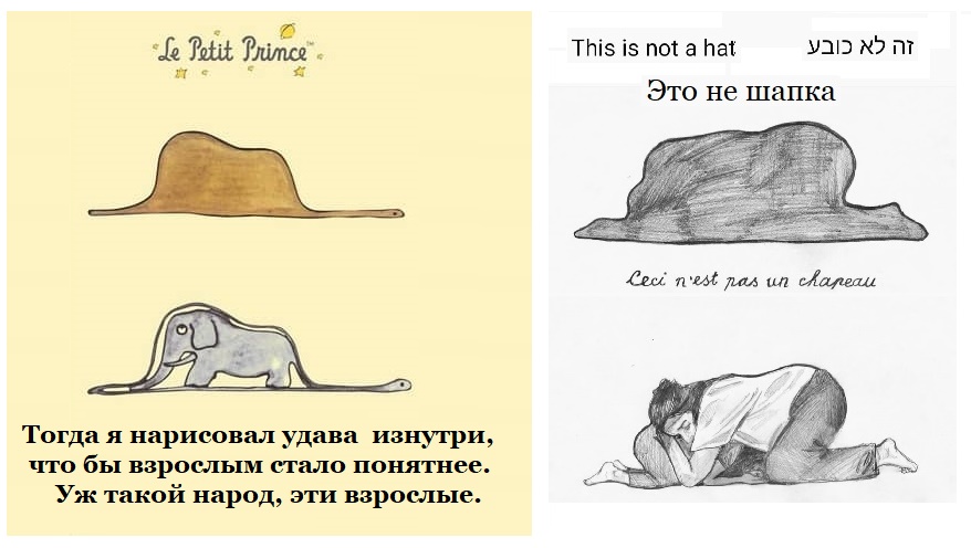 •Le Petit Prince- This is not a hat Это не шапка Ceci n'est pas un chapeau Тогда я нарисовал удава изнутри, что бы взрослым стало понятнее. Уж такой народ, эти взрослые.