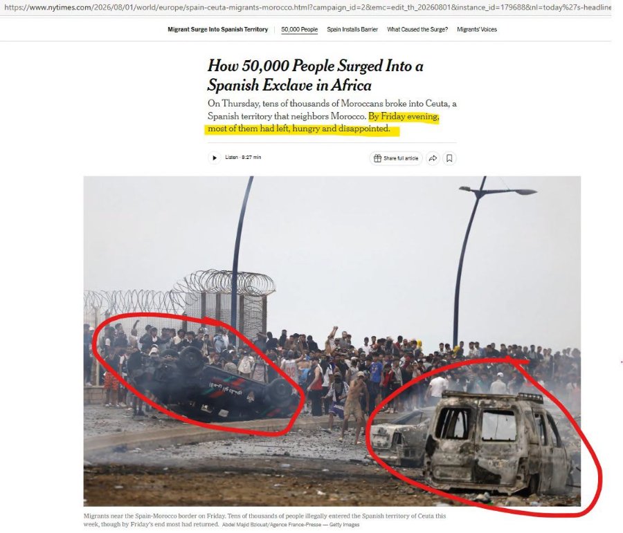 https://www.nytimes.com/2026/08/01/world/europe/spain-ceuta-migrants-morocco.html?campaign_id=2&emc=edit_th_20260801&instance_id=179688&nl=today%27s-headline Migrant Surge Into Spanish Territory 50,000 People Spain Installs Barrier What Caused the Surge? Migrants' Voices How 50,000 People Surged Into a Spanish Exclave in Africa On Thursday, tens of thousands of Moroccans broke into Ceuta, a Spanish territory that neighbors Morocco. By Friday evening, most of them had left, hungry and disappointed. Listen - 8:27 min # Share full artice A D Migrants near the Spain-Morocco border on Friday. Tens of thousands of people illegally entered the Spanish territory of Ceuta this week, though by Friday's end most had returned. Abdel Majid Bziouat/Agence France-Presse — Getty Images