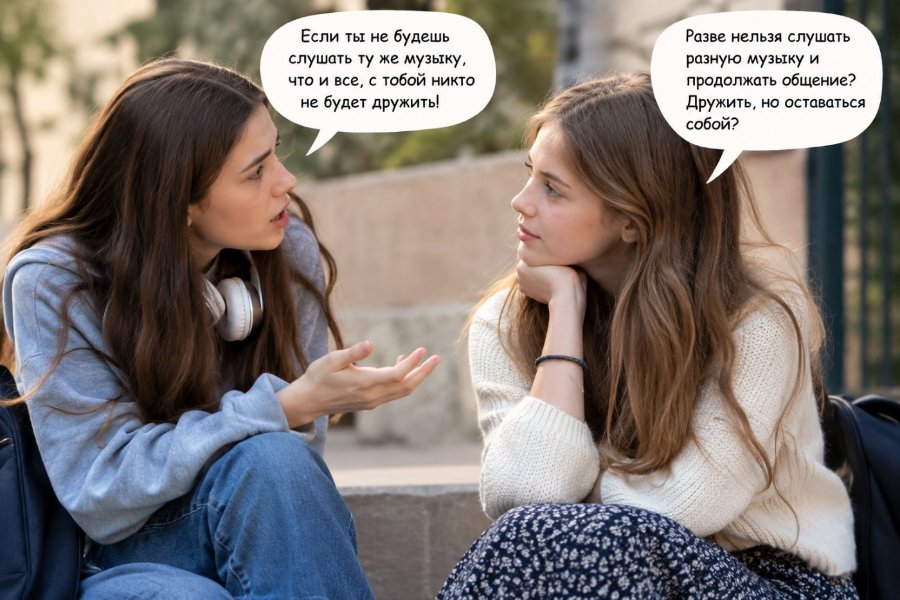 Если ты не будешь слушать ту же музыку, что и все, с тобой никто не будет дружить! Разве нельзя слушать разную музыку и продолжать общение? Дружить, но оставаться собой?