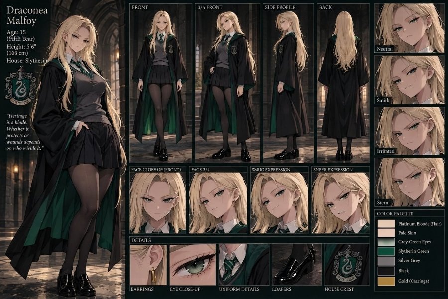 Draconea Malfoy Age: 15 (Fiftit Year) Height: 5'6 (168 cm) House: Slytherin CUTTHERO "Fleritage is a blade. Whether it protects or wounds depends on who wieids it." FRONT 3/4 FRONT SIDE PROPILE BACK FACE CLOSE OP (FRONT) FACB 3/4 SMUG EXPRESSION SNEER EXPRESSION DETAILS EARRINGS EYE CLOSE-UP UNIFORM DETAILS LOAFERS SARELS HOUSE CREST Neutral Smitk Irritatcal Stern COLOR PALETTE Piatinum Bioode (Tair) Pale Skin Grey-Green Eyes Slytherin Green Silver Grey Black Gold (Carings)