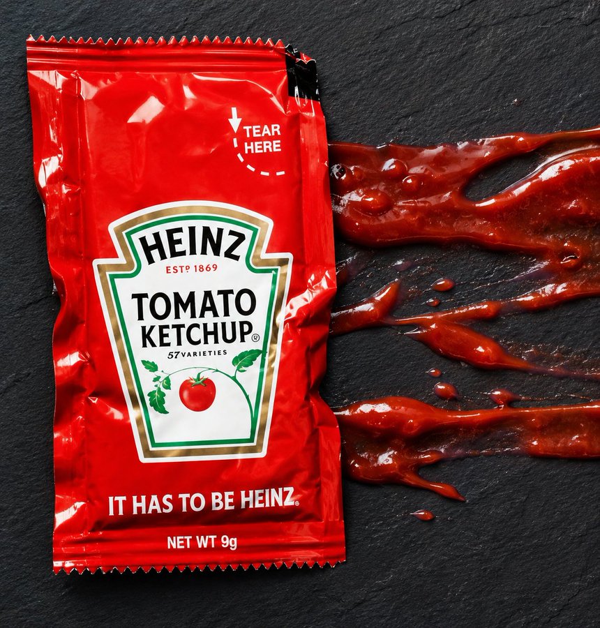 TEAR ' HERE HEINZ ESTP 1869 TOMATO KETCHUP® 57 VARIETIES IT HAS TO BE HEINZ. NET WT 9g