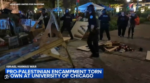 UCHICAGO UNITED FOR PALESTINE ISRAEL-HAMAS WAR PRO-PALESTINIAN ENCAMPMENT TORN © OWN AT UNIVERSITY OF CHICAGO