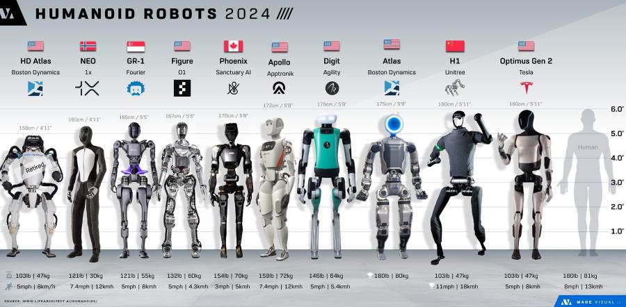 VA HUMANOID ROBOTS 2024 /||I HD Atlas Boston Dynamics NEO 1x GR-1 Fourier Figure 01 Phoenix Sanctuary AI Apollo Apptronik 172cm / 5'8" Digit Agility Atlas Boston Dynamics *; H1 Unitree Optimus Gen 2 Tesla 175cm / 5'9" 175cm / 5'9" 180cm / 5'11" 180cm / 5'11" 160cm / 4'11" 165cm / 5'5" 167cm / 5'6" 170cm / 5'6" 150cm / 4'11" Human Retired 6.0' 5.0' 4.0' 3.0' 2.0' 1.0' • 103lb | 47kg 5mph | 8km/h 121lb | 30kg 7.4mph | 12kmh COLDCE, WWW LIEEADCUITECT AL/UIMANOIOS/ 121lb | 55kg 5mph | 8kmh 132lb | 60kg 154lb | 70kg 5mph | 4.3kmh 3mph | 5kmh 159lb | 72kg 7.4mph | 12kmh 146lb | 64kg 5mph | 5.4kmh P 180lb | 80kg 103lb | 47kg 11mph | 18kmh 103lb | 47kg 5mph | 8kmh 180lb | 81kg 8mph | 13kmh V MADE VISUAL Co