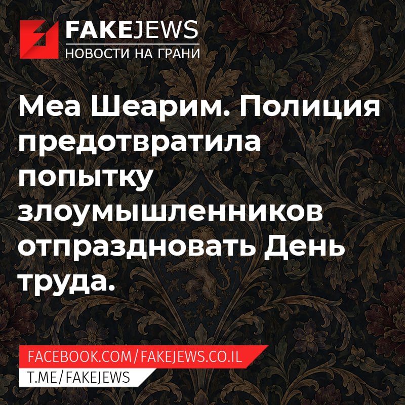 FAKEJEWS НОВОСТИ НА ГРАНИ Меа Шеарим. Полиция предотвратила попытку злоумышленников отпраздновать День труда. FACEBOOK.COM/ FAKEJEWS.CO.IL T.ME/FAKEJEWS