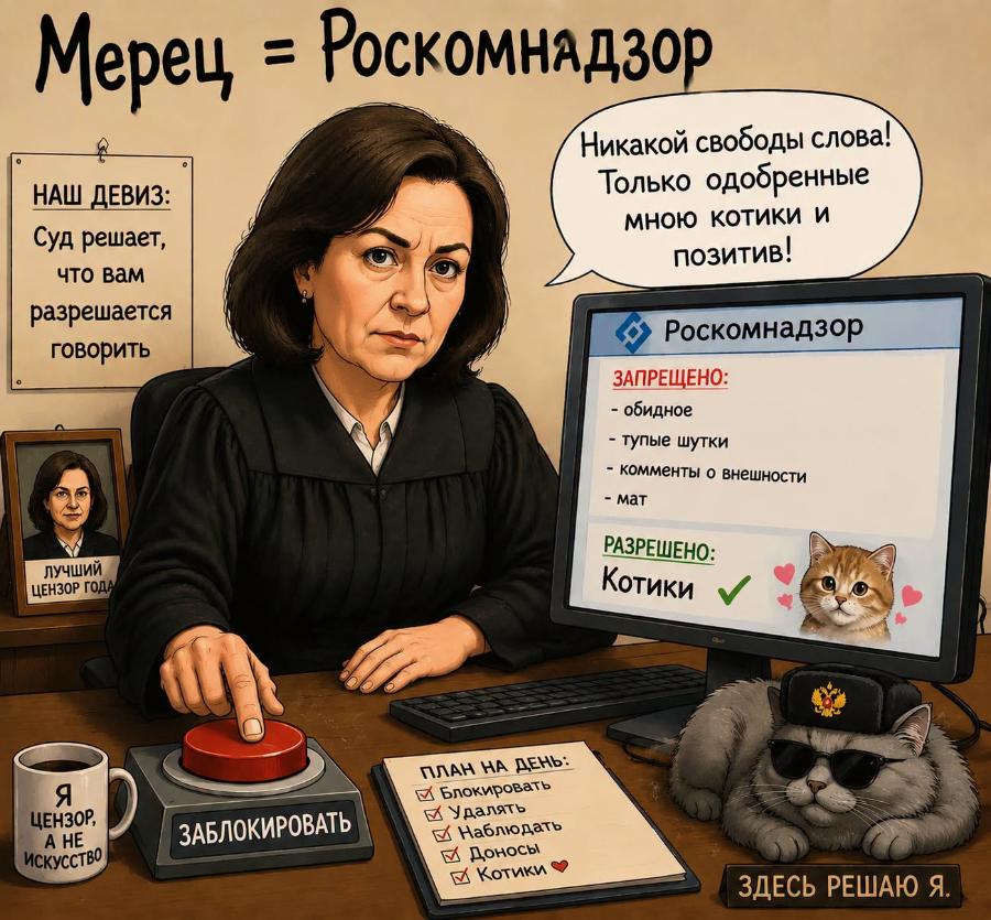 Мерец = Роскомнадзор Никакой свободы слова! Только одобренные мною котики и позитив! НАШ ДЕВИЗ: Суд решает, что вам разрешается говорить ЛУЧШИЙ ЦЕНЗОР ГОДА Роскомнадзор ЗАПРЕЩЕНО: - обидное - тупые шутки - комменты о внешности - мат РАЗРЕШЕНО: Котики Я ЦЕНЗОР, А HE ИСКУССТВО ЗАБЛОКИРОВАТЬ ПЛАН НА ДЕНЬ: Блокировать Удалять Наблюдать Доносы Котики ЗДЕСЬ РЕШАЮ Я.