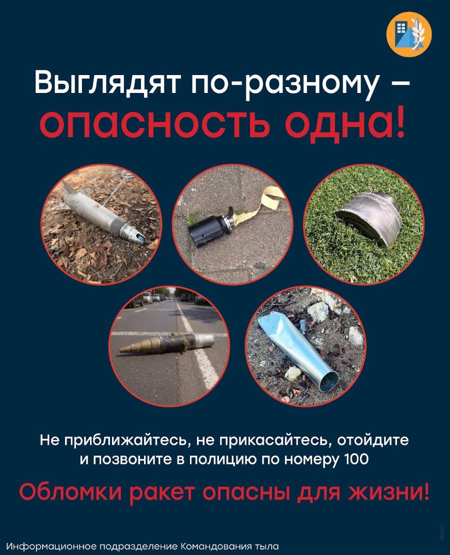 Выглядят по-разному - опасность одна! Не приближайтесь, не прикасайтесь, отойдите и позвоните в полицию по номеру 100 Обломки ракет опасны для жизни! Информационное подразделение Командования тыла