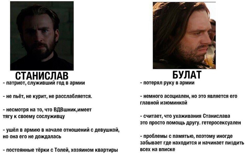 СТАНИСЛАВ - патриот, служивший год в армии - не пьёт, не курит, не расслабляется. - несмотря на то, что ВДВшник, имеет тягу к своему сослуживцу - ушёл в армию в начале отношений с девушкой, но она его не дождалась - постоянные тёрки с Толей, хозяином квартиры БУЛАТ - потерял руку в армии - немного асоциален, но это является его главной изюминкой - считает, что ухаживания Станислава это просто помощь другу. гетеросексуален - проблемы с памятью, поэтому иногде забывает где находится и начинает пи дить всех на вписке