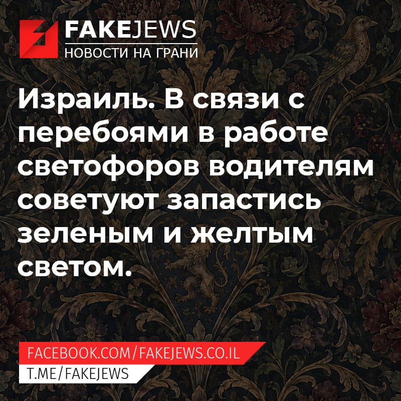 FAKEJEWS НОВОСТИ НА ГРАНИ Израиль. В связи с перебоями в работе светофоров водителям советуют запастись зеленым и желтым светом. FACEBOOK.COM/ FAKEJEWS.CO.IL T.ME/FAKEJEWS