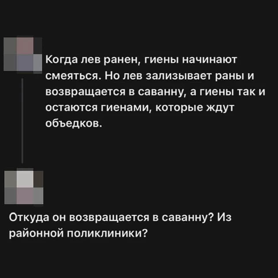 Когда лев ранен, гиены начинают смеяться. Но лев зализывает раны и возвращается в саванну, а гиены так и остаются гиенами, которые ждут объедков. Откуда он возвращается в саванну? Из районной поликлиники?