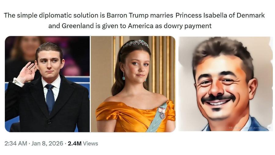 The simple diplomatic solution is Barron Trump marries Princess Isabella of Denmark and Greenland is given to America as dowry payment ет зомижать 2:34 AM • Jan 8, 2026 • 2.4M Views